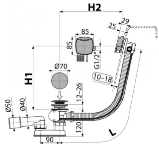 Слив-перелив для ванны AlcaPlast с напуском воды через перелив для ванн с толстыми стенами 80см хром A565KM1-80